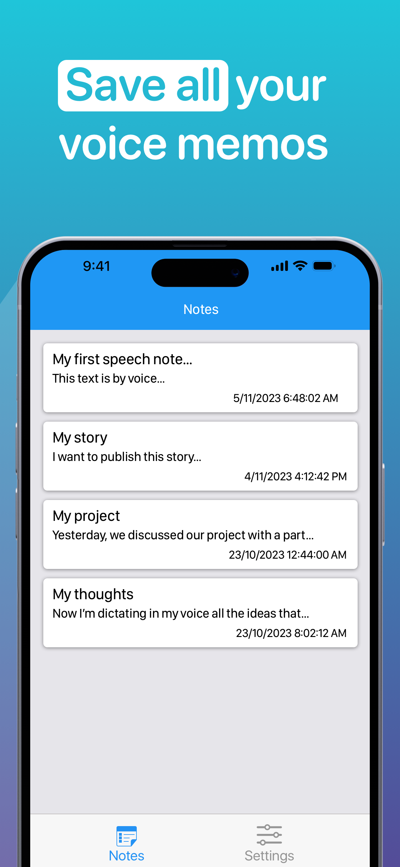 Speech to text: voice memos