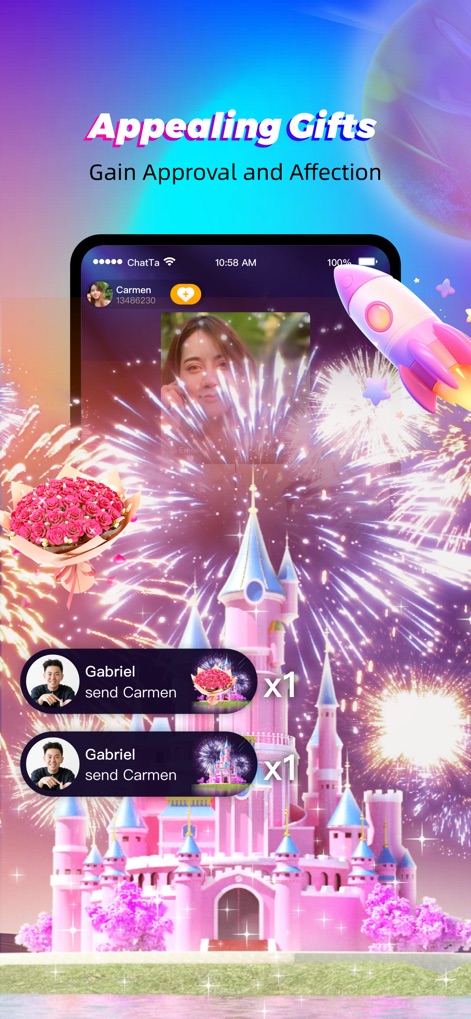 Chatta-Live Match New Friends - The platform enables users to show appreciation during live streams by sending appealing virtual gifts, such as roses and rockets, visible to all participants.