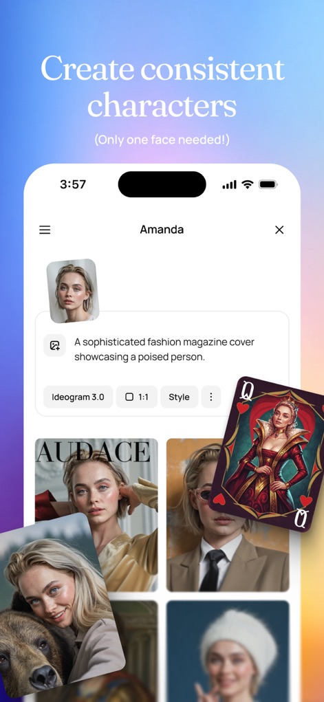 Ideogram AI - Image Generator - Discover how users can maintain character consistency across multiple visuals, transforming a single image into diverse outputs like a magazine cover and unique playing card designs.