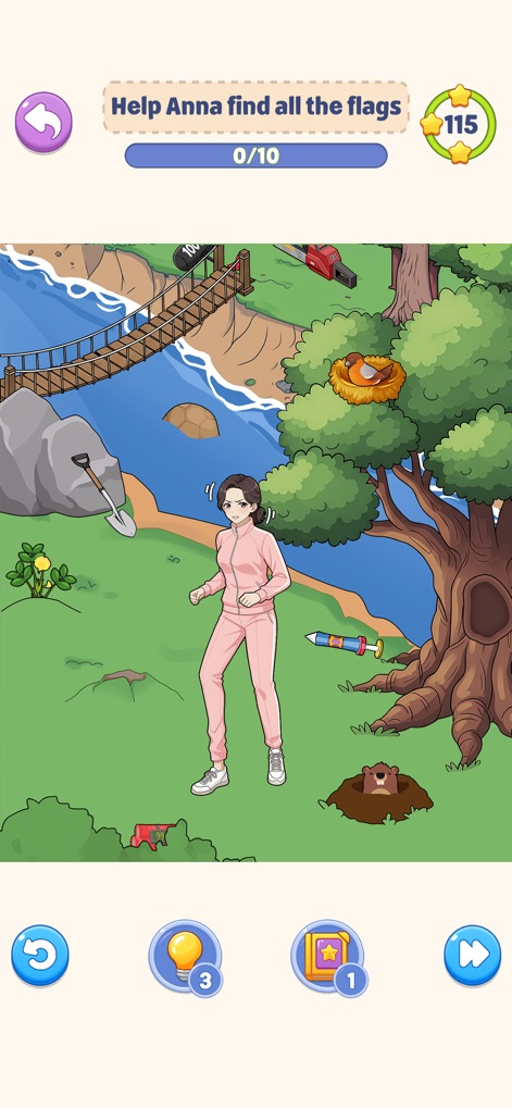 Tricky Story - Nutzer helfen Anna, alle versteckten Flaggen in der Natur zu finden, wobei die Szenerie eine Hängebrücke über einem Fluss und einen Maulwurfshügel am Wegesrand zeigt.
