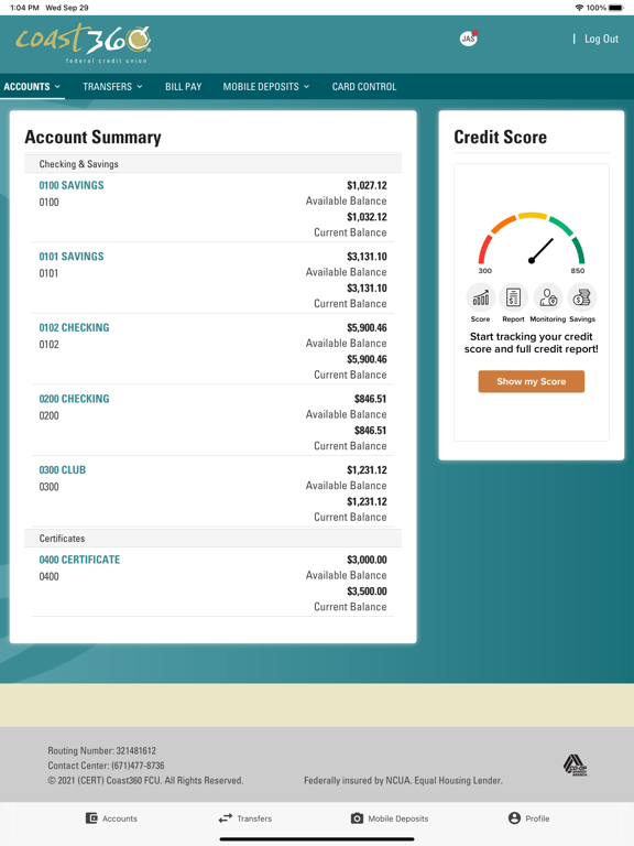 Coast360 Federal Credit Union iPad screenshot 2 - Finance app
