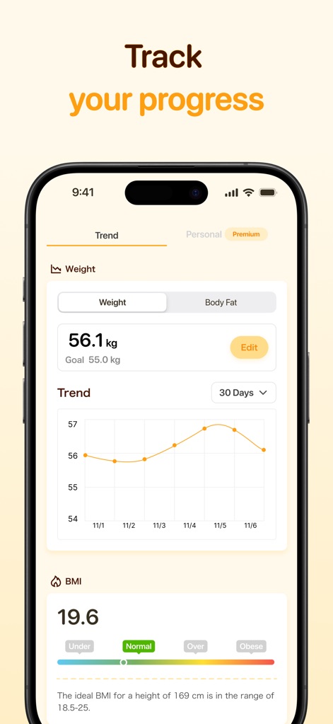 Calsee - AI Calorie Counter - The app offers comprehensive weight management, displaying a clear trend graph of body weight over time and calculating BMI for a complete health overview.