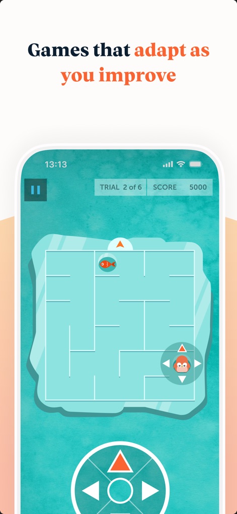 Lumosity: Brain Training Games - L'app presenta giochi adattivi, come il labirinto con il personaggio del gufo, che si regolano in base alle prestazioni dell'utente, come indicato dalla progressione "TRIAL 2 of 6" e dal punteggio in tempo reale.