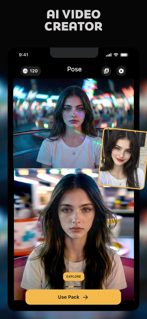 Pose: AI Photo Video Generator - Nutzer können Fotos in AI-Videos umwandeln, wobei eine Frau mit ihrem Originalbild in einer Jahrmarkt-Umgebung gezeigt wird, das in einen gestylten AI-Look übergeht.