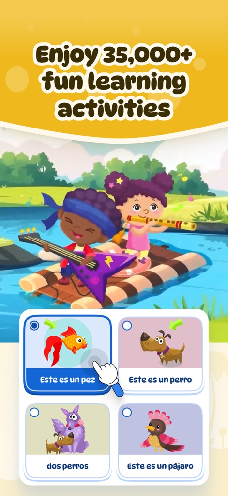 Dinolingo Kids Learn Languages - Users can dive into over 35,000 learning activities, illustrated by vibrant children characters and interactive multiple-choice questions for playful language acquisition.