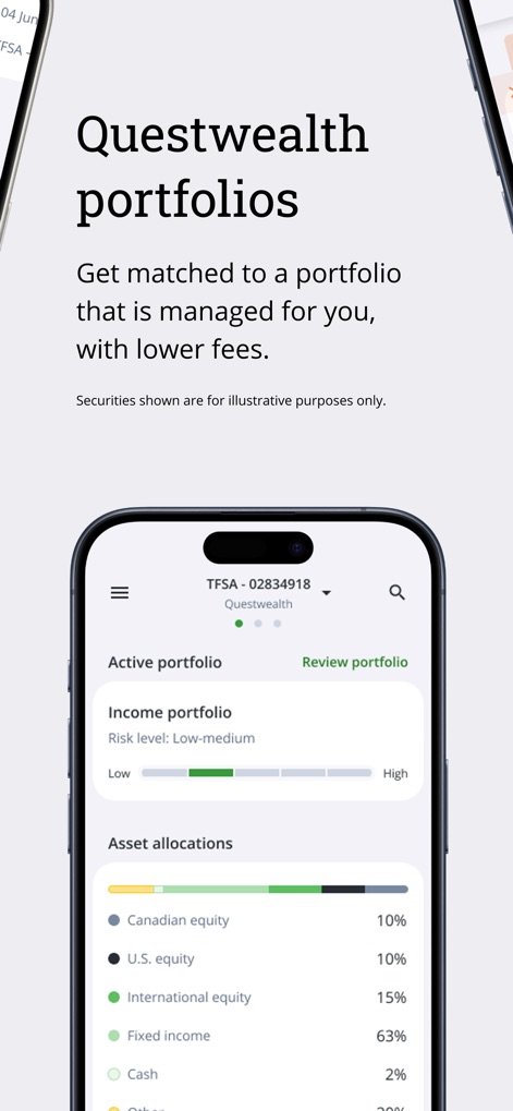 QuestMobile: Invest & Trade - Users can explore expert-managed Questwealth Portfolios, clearly visualizing their "risk level" and detailed "asset allocations."