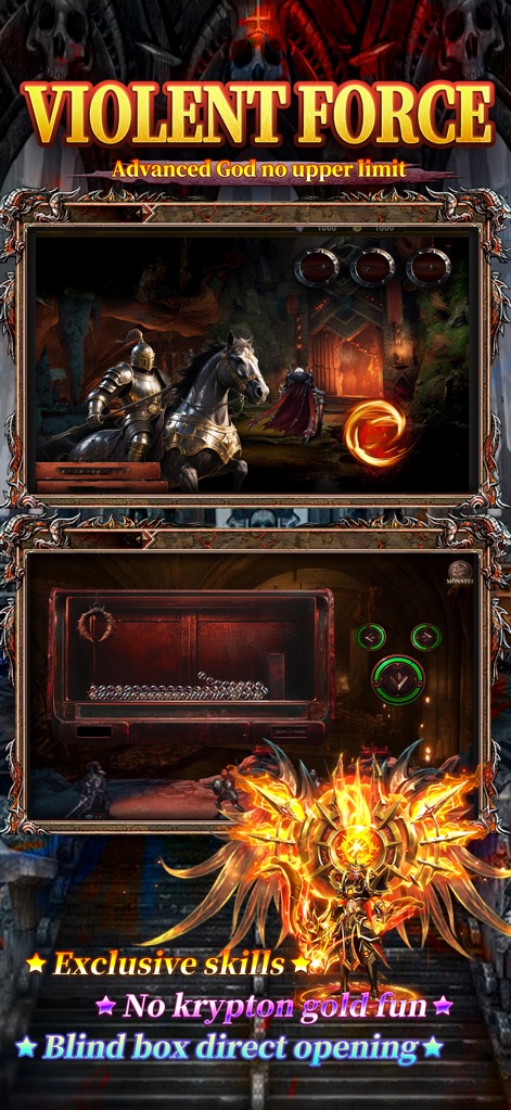 Abyssal Crusader-God of Honor - Witness intense encounters within the app's mechanized caverns featuring a knight on horseback, and engage with interactive elements involving swirling spiked orbs.