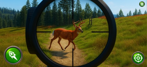 Deer Hunter 2026 Hunting Games - La vista de mira telescópica presenta un ciervo caminando por un sendero en un entorno natural exuberante, ofreciendo una retícula limpia para un disparo preciso en el momento justo.