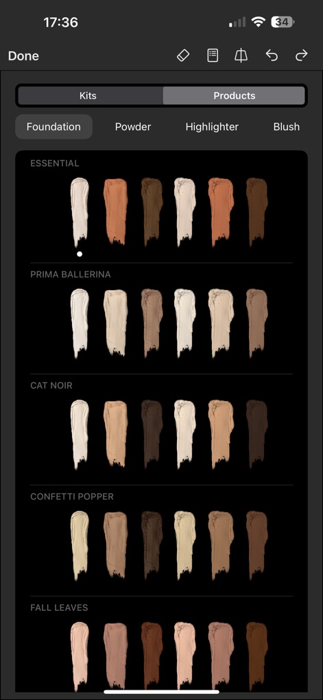 Prêt à Makeup - La aplicación ofrece una amplia gama de tonos de base (X) organizados en kits temáticos (Y) para adaptarse a cualquier complexión.