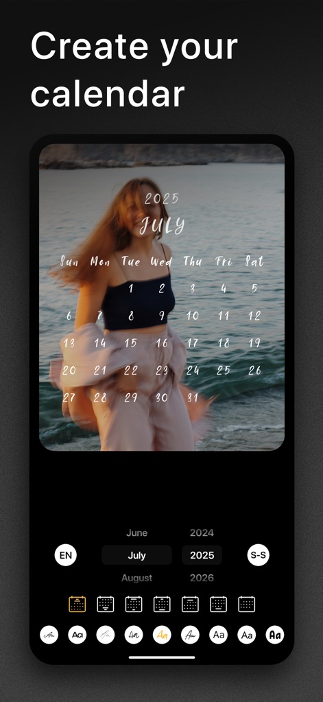 Graphionica: Story Maker - This tool empowers users to integrate custom calendars, like the 'July 2025' example, directly into their visuals, offering diverse font and styling options via the bottom toolbar.
