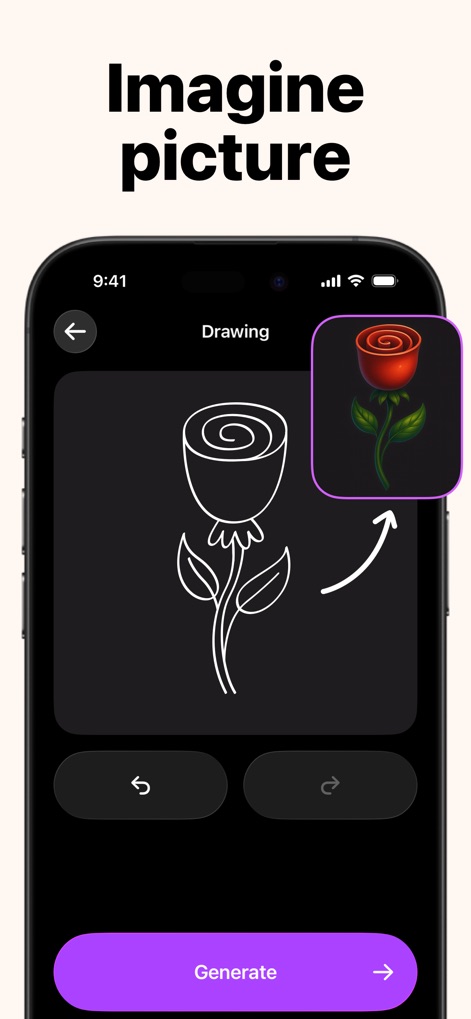 AI Photo Generator: ImgAI - Explore the innovative "Imagine picture" feature, where rough sketches are instantly transformed into polished, high-resolution artwork, demonstrating the app's powerful rendering capabilities.