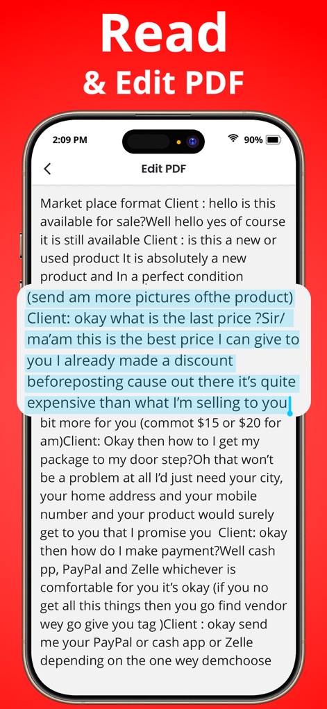 PDF Reader - Scanner app - Nutzer können Textpassagen in PDFs direkt bearbeiten, wie die blaue Hervorhebung einer Textauswahl (X) im gezeigten Dokument veranschaulicht, unterstützt durch den 'PDF bearbeiten'-Titel (Y) in der Kopfzeile.