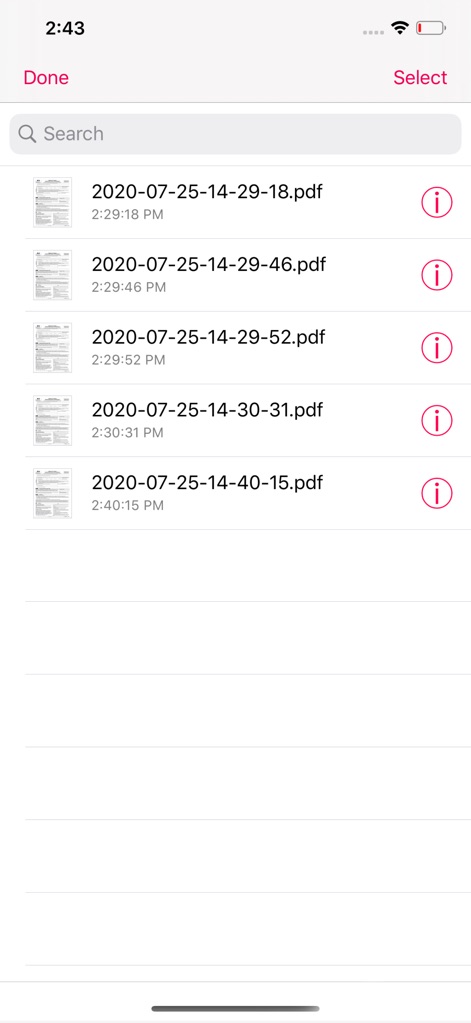 PDF Scanner Pro ⊟ - O aplicativo permite aos usuários visualizar e pesquisar documentos escaneados, exibindo uma lista clara de arquivos PDF com seus respectivos carimbos de data e hora para fácil acesso e gerenciamento.
