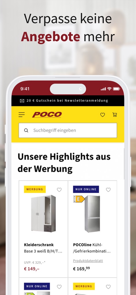 POCO I Möbel, Deko & Prospekte - Os usuários podem explorar os destaques da publicidade, incluindo um "Kleiderschrank" com desconto e ofertas "NUR ONLINE" para eletrodomésticos.