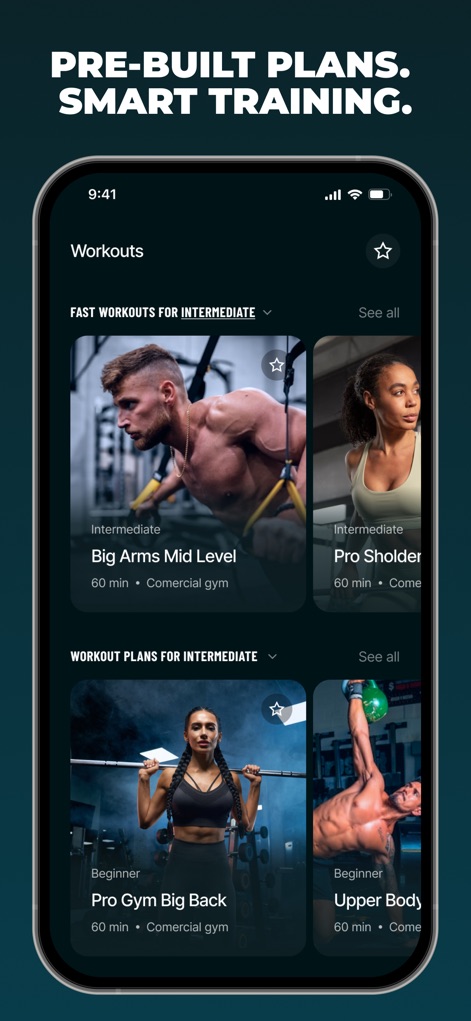 Befit: Gym & Home Workout Plan - The app offers a comprehensive library of pre-built workout plans, presented in visually appealing cards, and categorized within the dedicated 'Workouts' section.