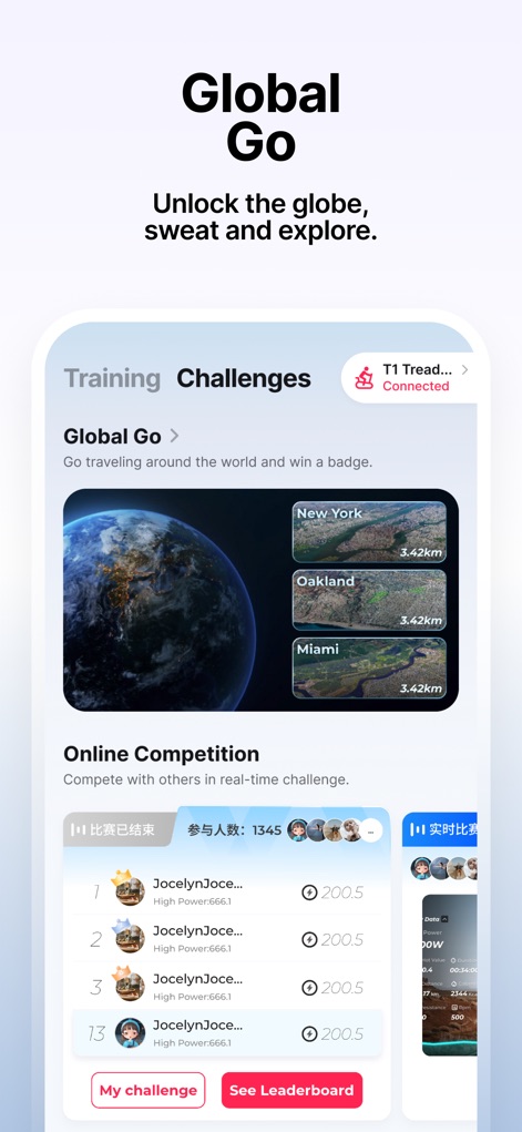 MERACH:Fitness Freedom at Home - This tool motivates users with global 'Global Go' challenges featuring diverse locations, while also fostering engagement through real-time online competition leaderboards.
