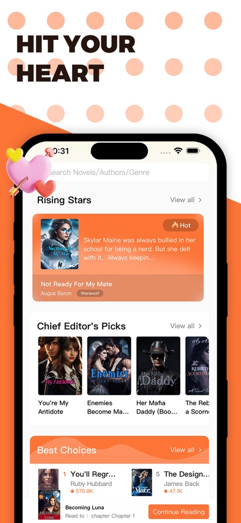 Novelix - Explore dynamic categories like 'Rising Stars' and 'Chief Editor's Picks', featuring popular titles and a comprehensive search bar for easy navigation.