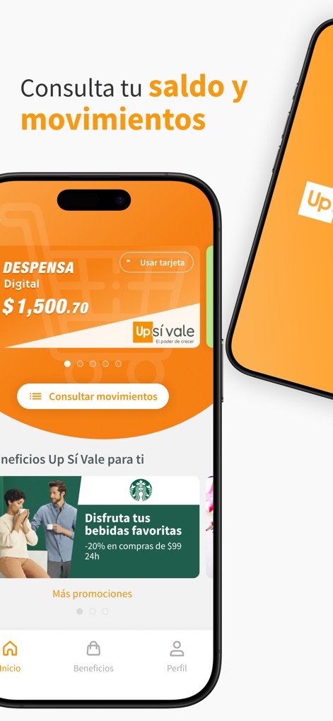 UP Sí Vale - The app clearly displays the current balance for specific card types like "DESPENSA Digital" and presents exclusive discounts, such as a Starbucks offer.