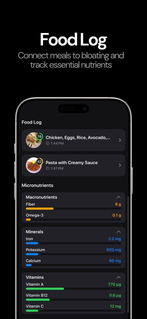 bloater ai - This feature allows for meticulous "Food Log" entries and provides a comprehensive breakdown of "Micronutrients" to understand dietary impact.