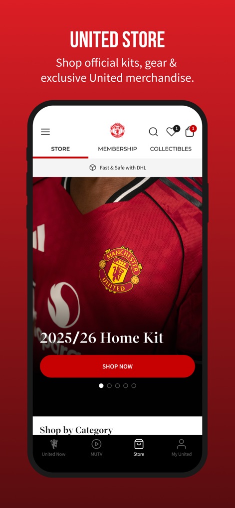 Manchester United Official App - Users can explore the United Store, featuring the latest 2025/26 home kit and easy navigation through various shopping categories.