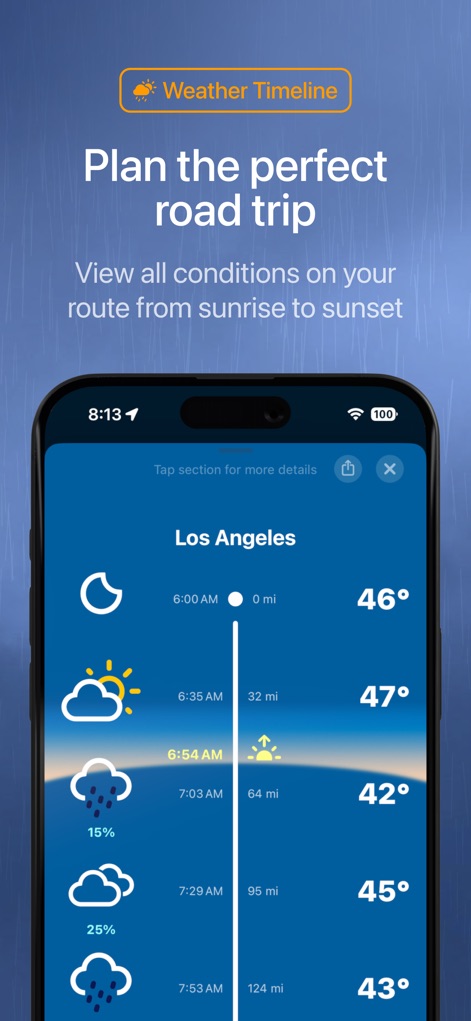 Weather on the Way - Users can access a comprehensive "Weather Timeline" detailing hourly temperature and precipitation changes, with integrated sunrise and sunset times plotted for visibility planning.