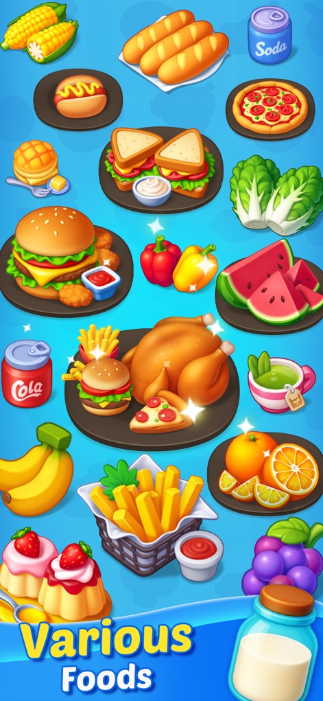 Food Sort: Puzzle Game - La aplicación muestra una impresionante variedad gastronómica, desde la abundante diversidad de platos como pollo asado y hamburguesas, hasta productos frescos como el maíz y las sandías, prometiendo un festín visual.