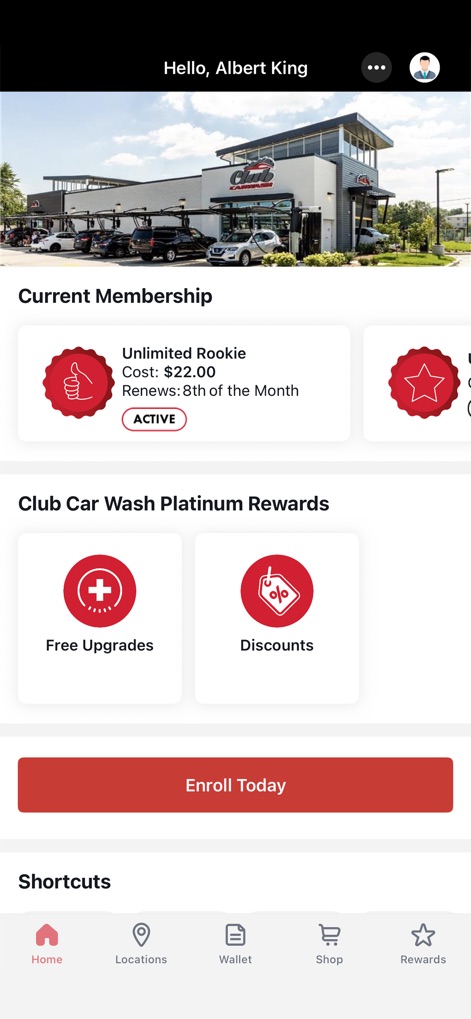 Club Car Wash - Users can view their 'Current Membership' details and explore the 'Club Car Wash Platinum Rewards' program, offering benefits like 'Free Upgrades' and 'Discounts'.