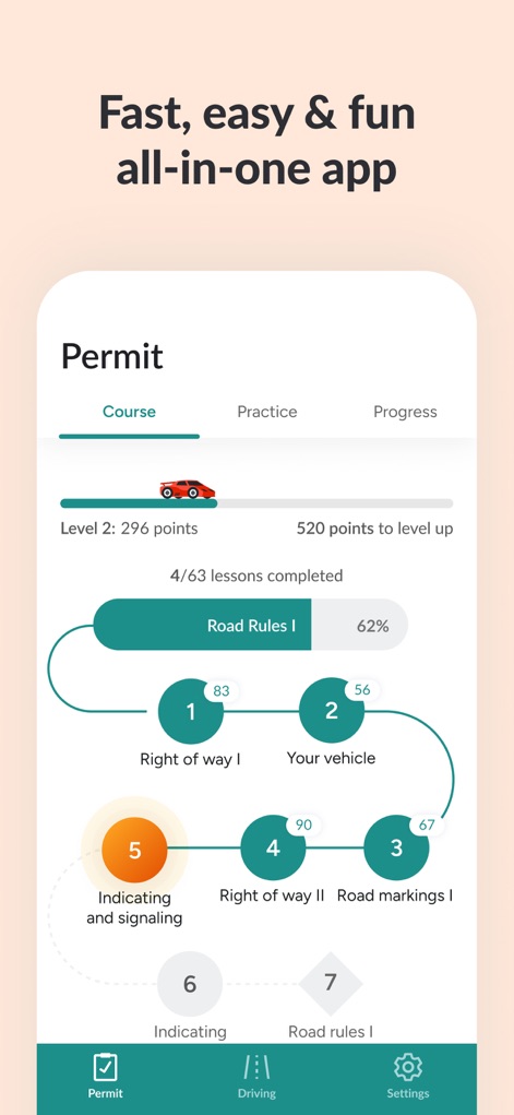 Zutobi: Permit & Driving Prep - Users navigate through a visually engaging course structure, tracking their progress with a dynamic car icon and numbered lesson modules.