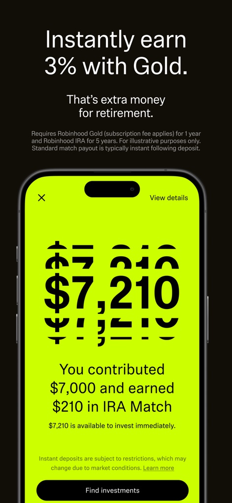 Robinhood: Trading & Investing - Visualisez vos gains immédiats de l'IRA Match, affichés clairement comme '$7 210', et explorez l'option dédiée 'Trouver des investissements'.