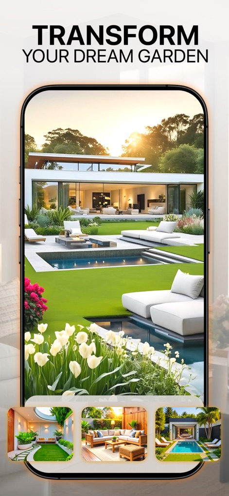 AI Home Design - Deco AI - Questo strumento estende il design agli spazi esterni, mostrando un lussuoso giardino con una piscina scintillante e una zona relax con arredi moderni.