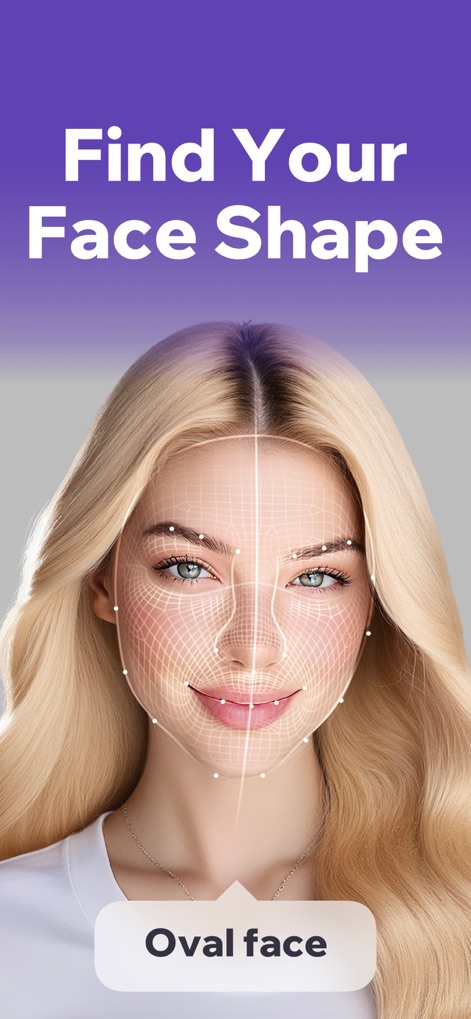 Prookie: Hair AI Hairstyle app - La aplicación utiliza un algoritmo de IA para analizar la estructura facial del usuario, revelando la forma del rostro como 'Ovalado' y destacando los puntos clave de su fisonomía con un innovador wireframe digital.
