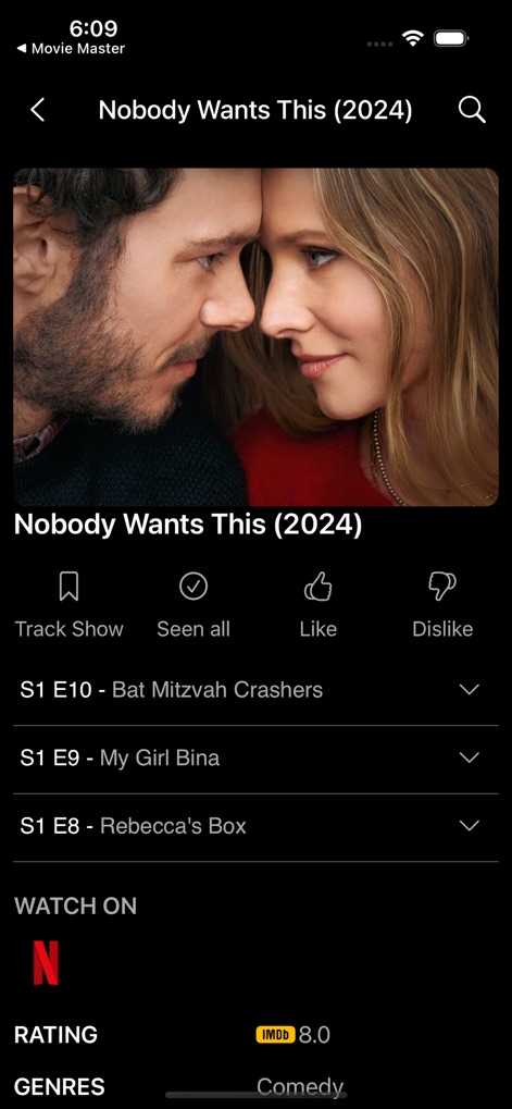 Movie Flex: Movies & TV Show - Cet outil présente une page de détails exhaustive avec une liste d'épisodes et la plateforme de diffusion ('WATCH ON Netflix'), complétée par la note IMDb et les genres associés.