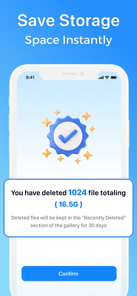 Smart Cleaner: AI Clean Up - View the final confirmation screen, which proudly displays the total number of files deleted and the significant amount of space reclaimed, all confirmed with a clear 'Confirm' button.