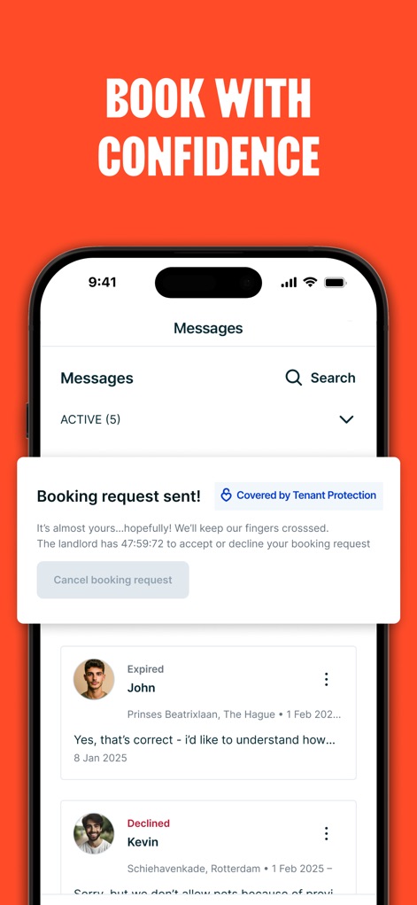 HousingAnywhere - This tool empowers users with a clear 'Booking request sent!' confirmation and reassures them with explicit 'Covered by Tenant Protection' messaging during the rental process.