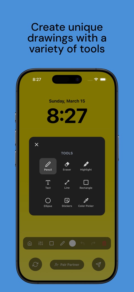 UsTwo - Draw Together - This tool offers a rich selection of drawing implements, including a versatile pencil, text options, and various geometric shapes for expressive artwork.