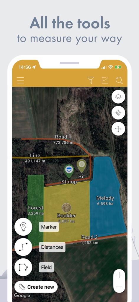 GPS Fields Area Measure Map - La aplicación ofrece un conjunto de funciones accesibles desde un menú flotante, permitiendo a los usuarios crear nuevos elementos como 'Marker' o definir 'Field' áreas directamente sobre la vista satelital.