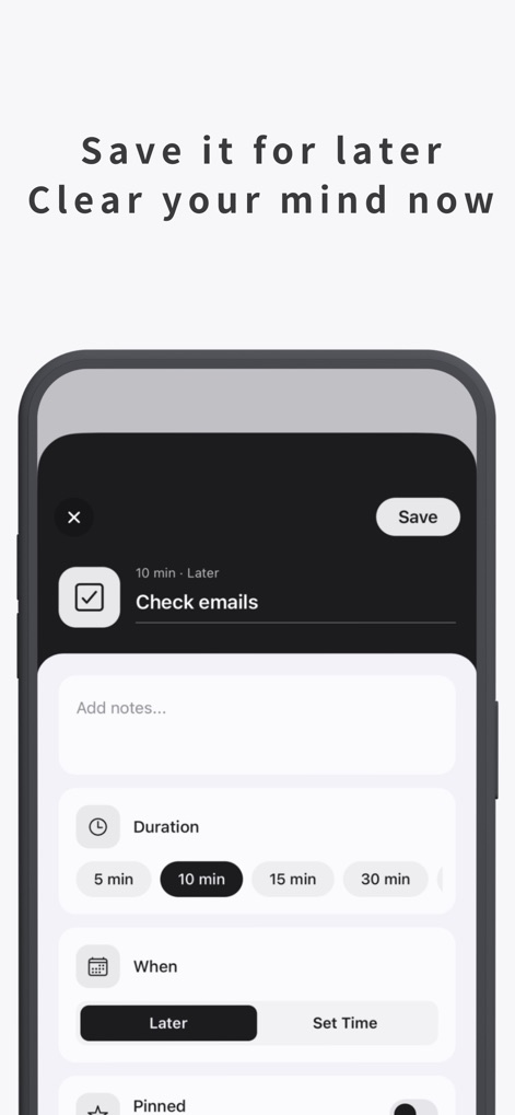 Any Planner-Daily Task Planner - See how the intuitive task creation modal allows users to specify task duration and easily save items to the 'Later' list for flexible scheduling.