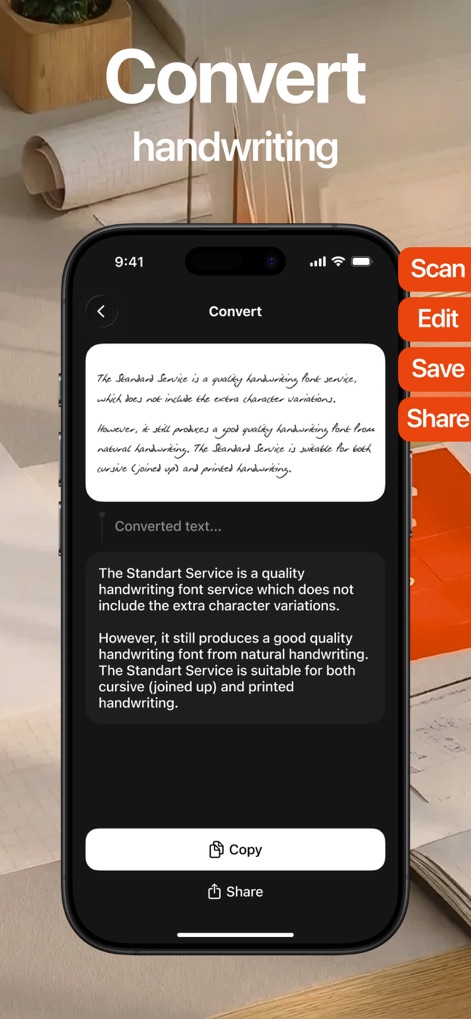 Lens - PDF Scanner and Editor - A funcionalidade de reconhecimento de texto é ilustrada, mostrando a transformação de escrita manual em texto digital editável, com o resultado exibido na seção "Texto Convertido...".