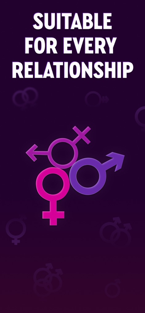 Couples games: Sex Roulette - The app emphasizes its broad appeal with the text 'SUITABLE FOR EVERY RELATIONSHIP' and visually represents inclusivity through intertwined gender symbols.