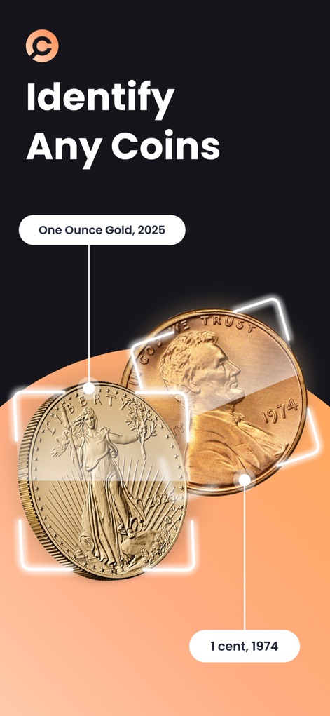 CoinIn: Coin Scan Identifier - La aplicación identifica monedas al instante, mostrando detalles como la "One Ounce Gold, 2025" y el "1 cent, 1974", agilizando el reconocimiento para el coleccionista.