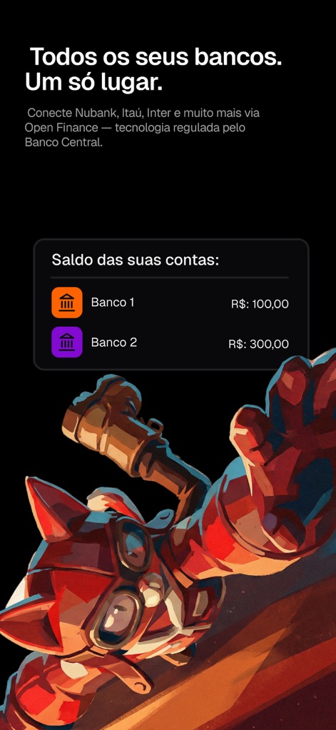 Pierre: Controle de gastos IA - O aplicativo centraliza todos os saldos bancários em um único painel, apresentando 'Banco 1' com seu valor e 'Banco 2' de forma clara.