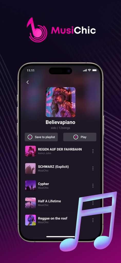 MusiChic-Offline Music Player - Esta vista detallada presenta la carátula del álbum y el nombre del artista, junto con opciones claras para 'Guardar en playlist' y 'Reproducir' la selección completa, optimizando la gestión de la colección.