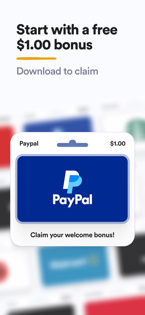 Eureka: Earn money for surveys - Die App begrüßt neue Nutzer mit einem 1 US-Dollar Willkommensbonus, der deutlich auf der PayPal-Bonuskarte und im begleitenden Text hervorgehoben wird.