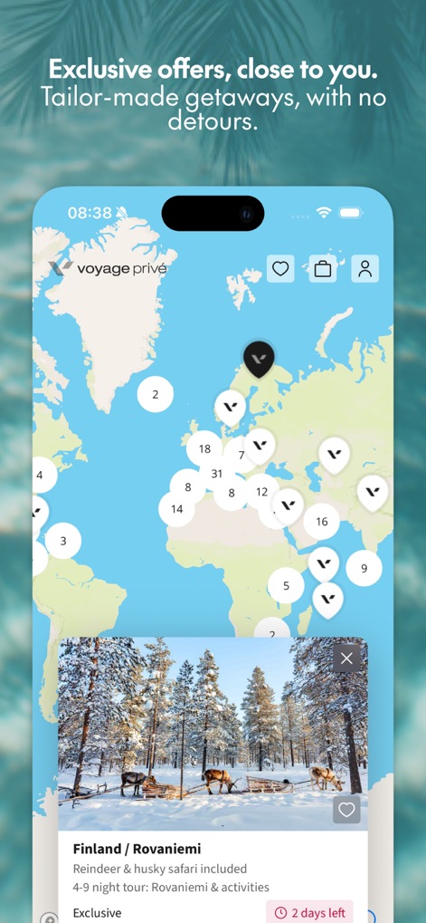 Voyage Prive: Holidays/Hotels - Esta vista de mapa permite a los usuarios explorar visualmente las ofertas globales, donde cada marcador numérico representa destinos disponibles y una tarjeta emergente muestra detalles de una oferta específica, como un viaje a Finlandia.