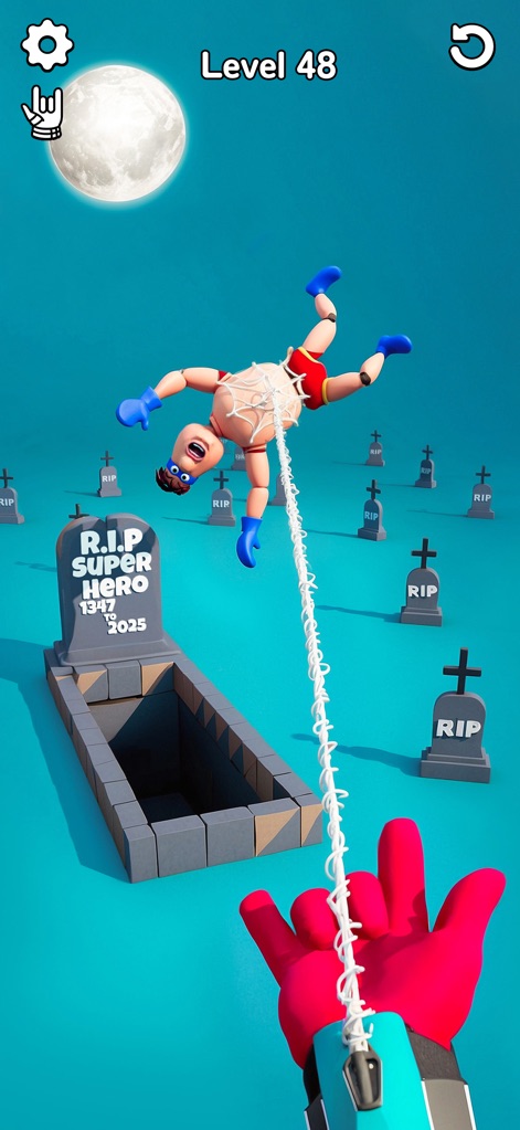 Ragdoll Hero Break Games - Explore unique and darkly humorous level designs, featuring a ragdoll dummy suspended above a tombstone and a full moon casting an eerie glow.