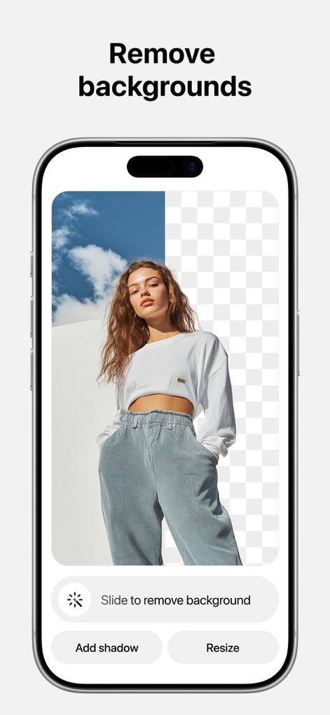 Pixelcut AI Photo Editor - Observe the app's precise background remover tool in action, showcasing clean cutouts and options to add shadows or resize the subject.