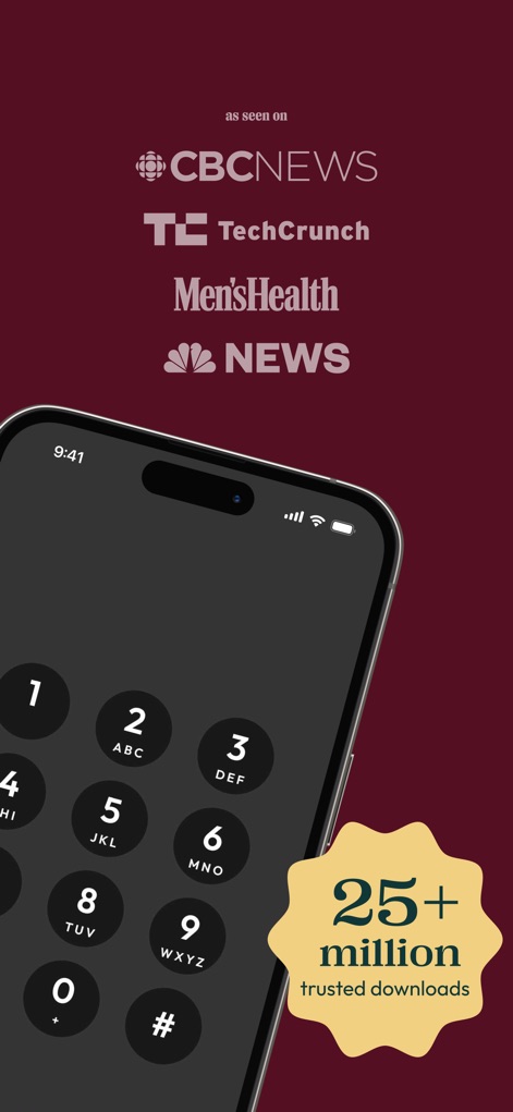 Hushed: US Second Phone Number - Discover the app's widespread recognition from media outlets like TechCrunch and the impressive milestone of over 25 million trusted downloads.