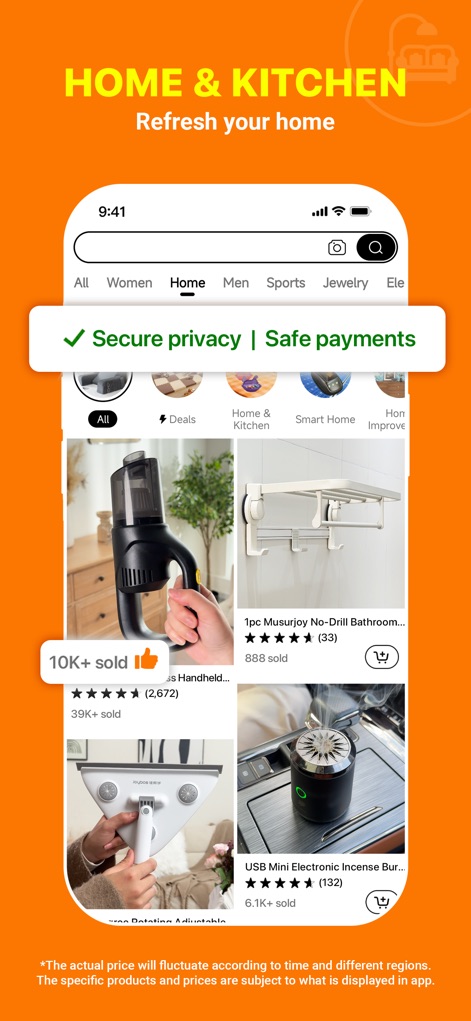 Temu: Shop Like a Billionaire - 「HOME & KITCHEN Refresh your home」のページでは、ユーザーは多様な家庭用品を閲覧でき、「10K+ sold」のような販売実績を示す情報から人気のアイテムを容易に特定できます。