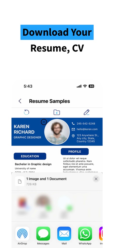 ResuME Maker - CV Jobs Builder - Dopo la creazione, gli utenti possono facilmente scaricare e condividere il loro CV professionale, scegliendo tra diverse opzioni di condivisione come e-mail o messaggistica.