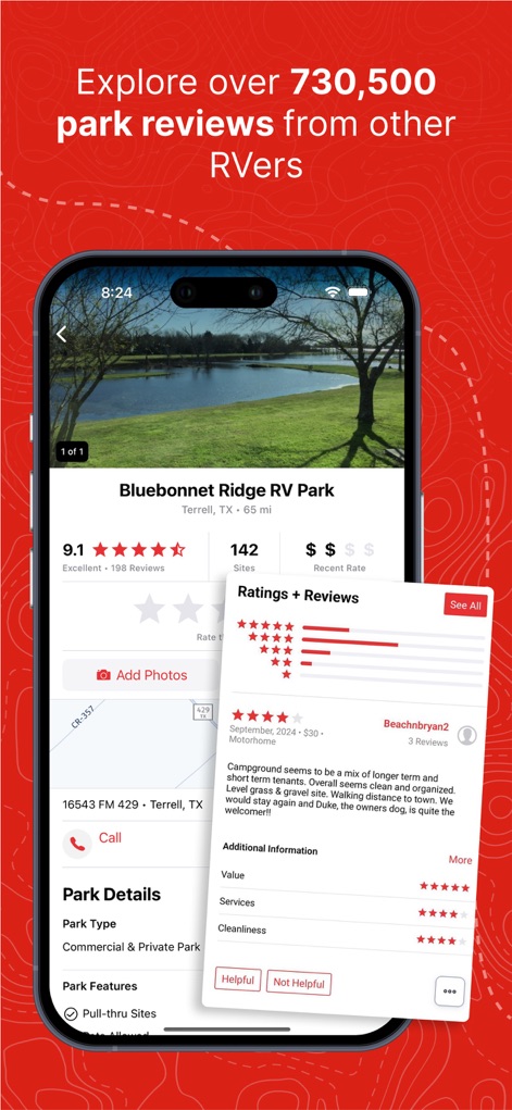 RV LIFE - RV GPS & Campgrounds - Gli utenti possono accedere a recensioni dettagliate dei parchi, come quella per "Bluebonnet Ridge RV Park" con un rating di 9.1, e leggere commenti autentici di altri camperisti, come la testimonianza di "Beachnbryan2", per scelte informate.